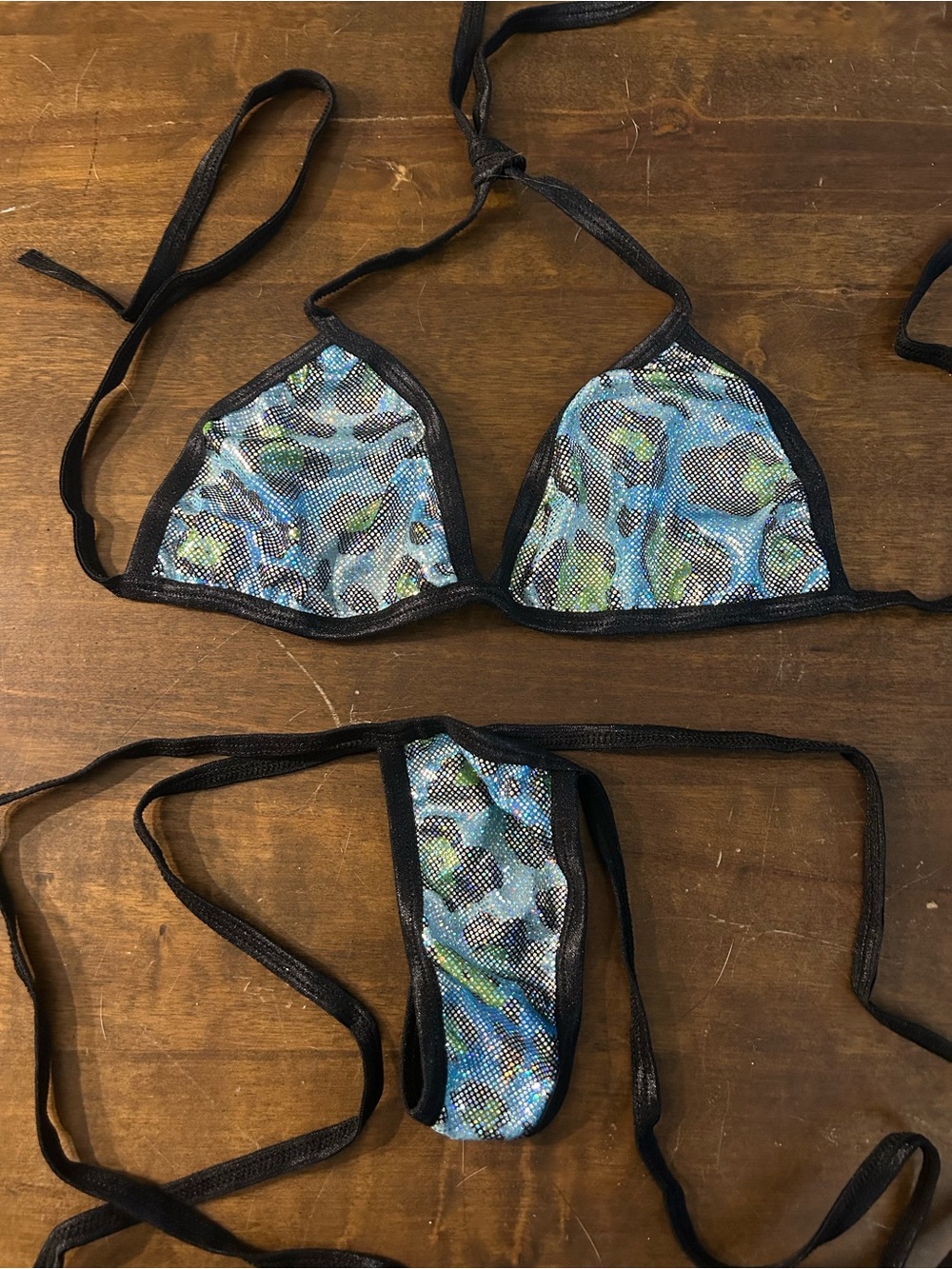 NWOT Sexy Skimpy Handmade Sparkle Blue Leopard Print Tri-Top Thong Bottom Bikini
